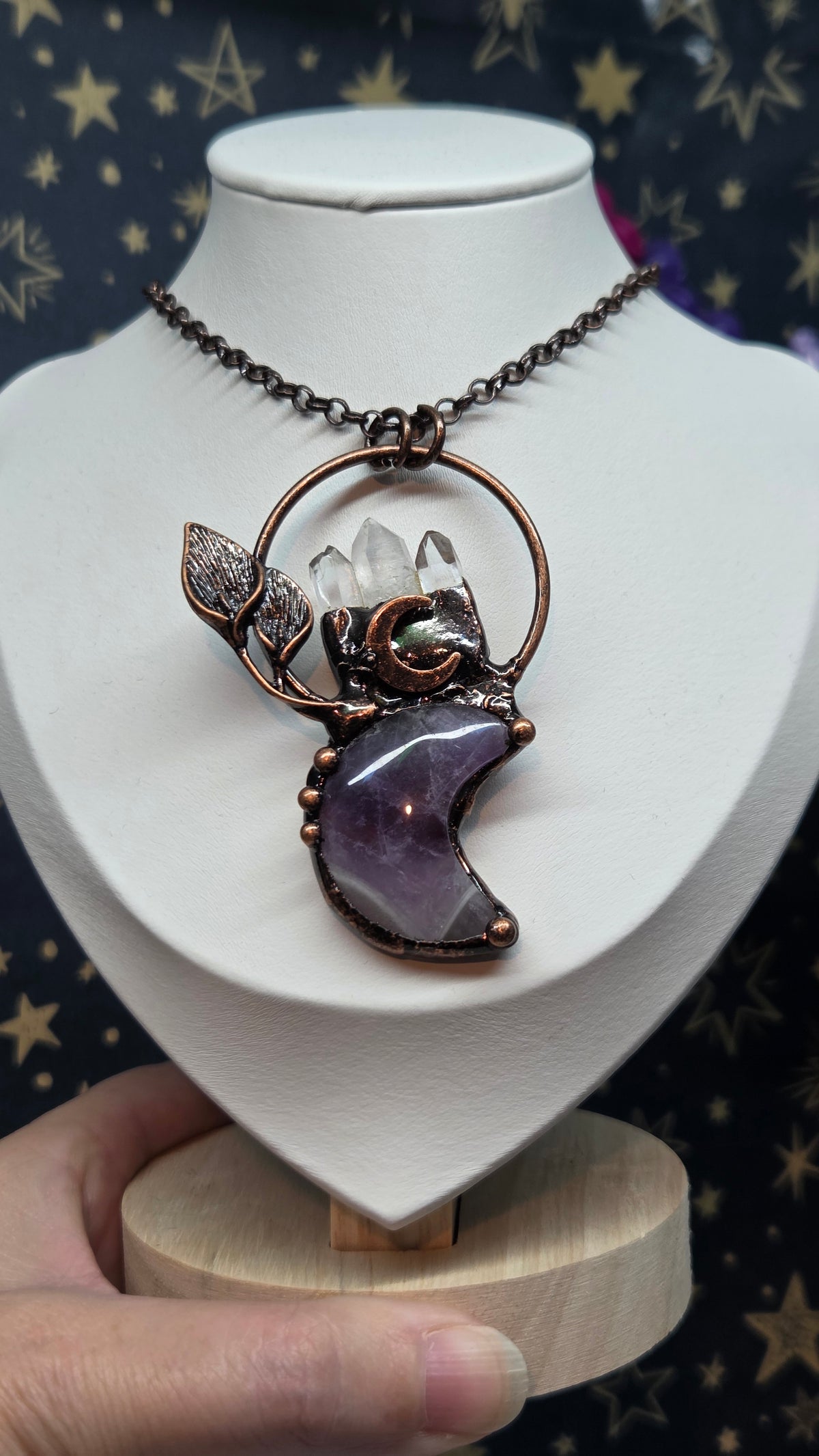Amethyst Moon and Clear Quartz Crystal Pendant/Necklace in Antique Bronze