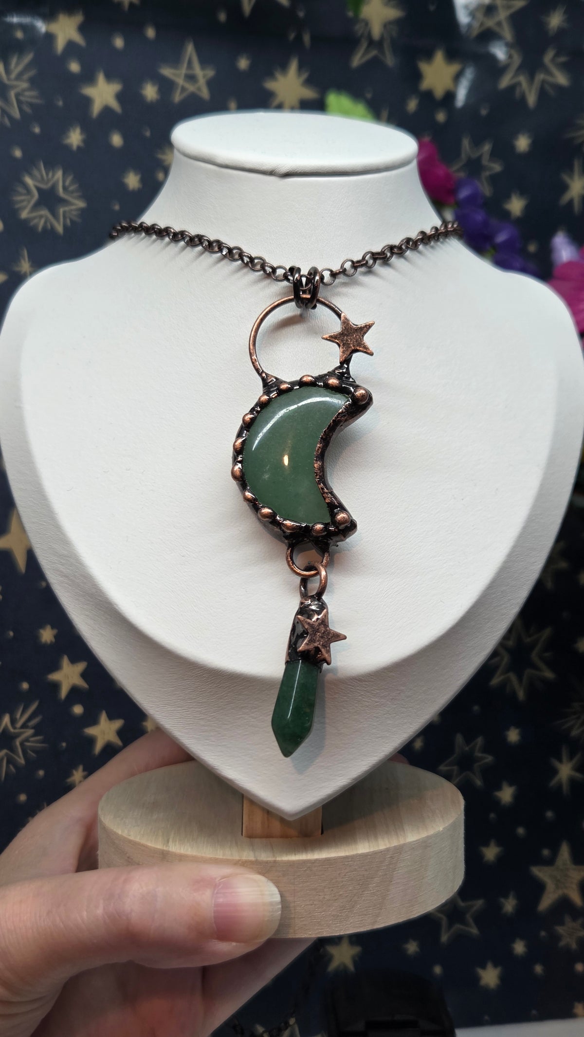 Green Aventurine Moon and Stars Crystal Pendant/Necklace in Antique Bronze