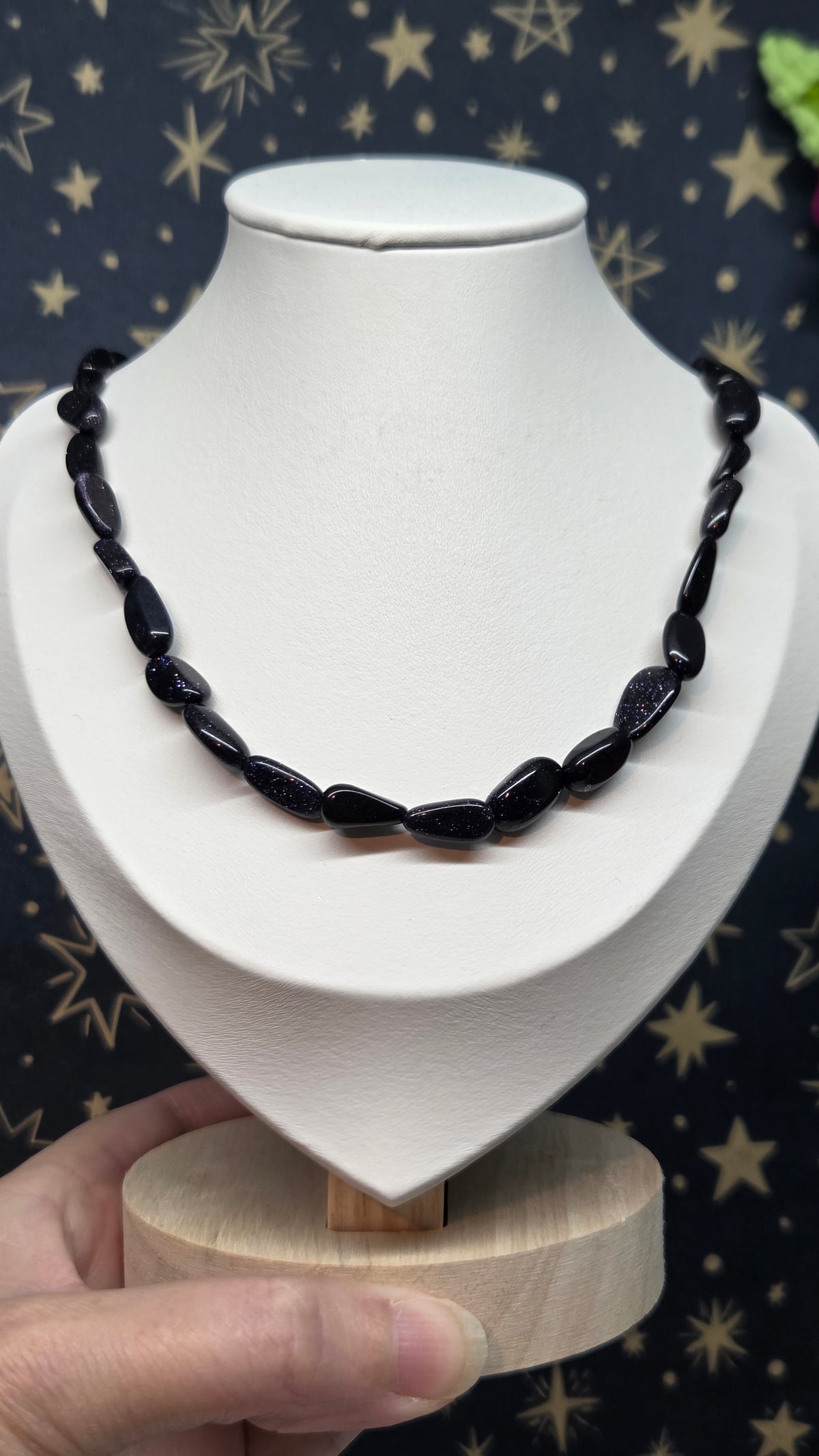 Blue Goldstone Mixed Size Crystal Beaded Necklace with Silver Clasp