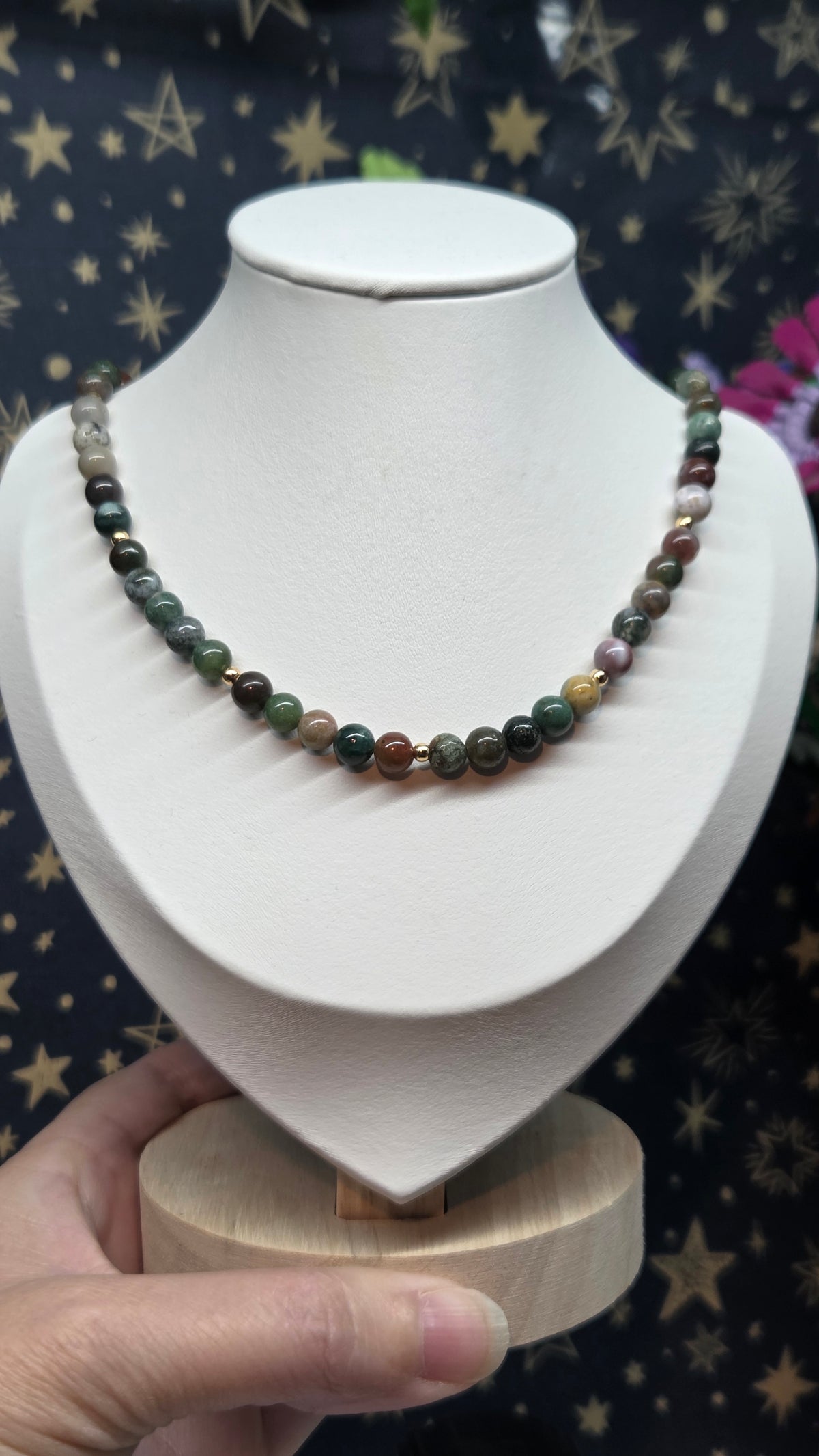 Mixed Agate Beaded Necklace with Gold Spacers