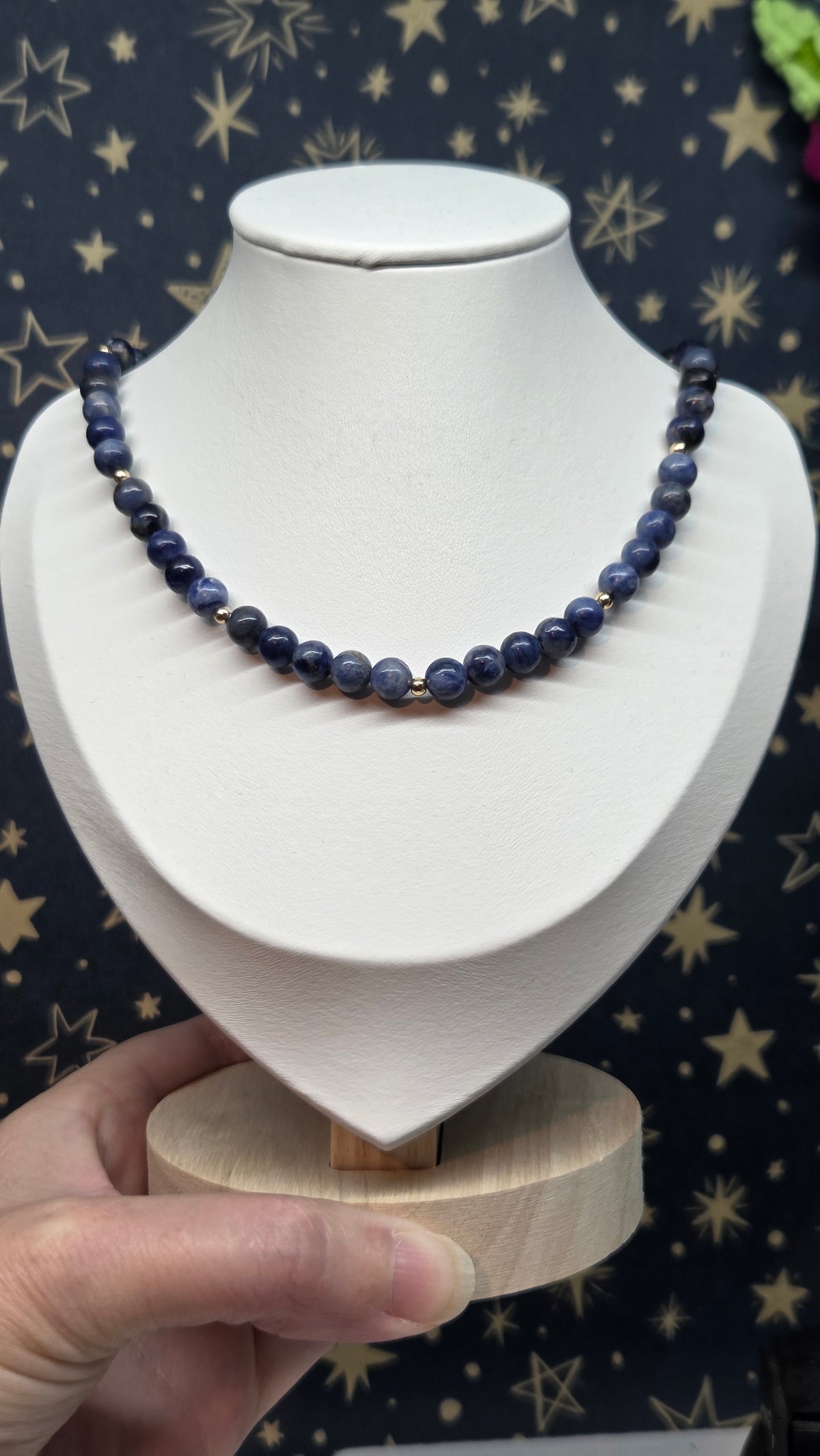 Sodalite Beaded Crystal Necklace with Gold Spacers