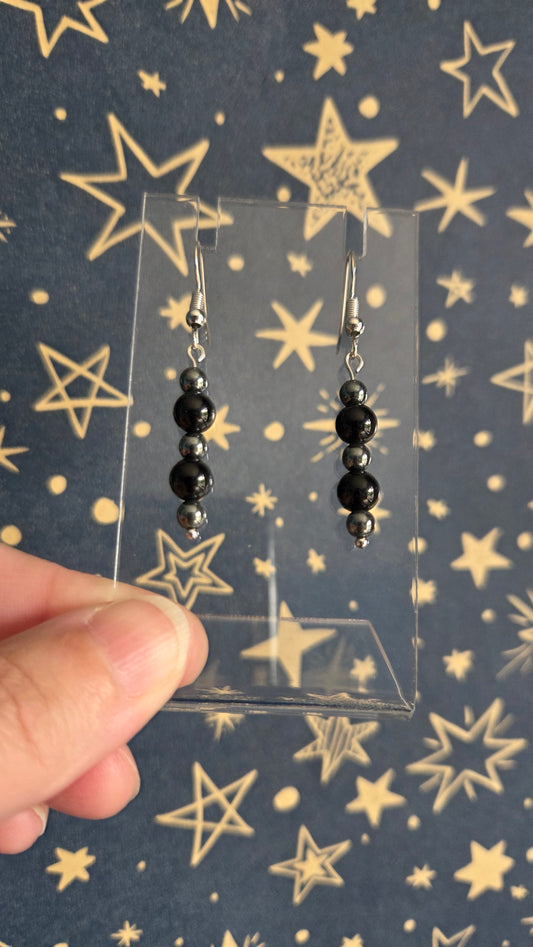 Black Onyx and Hematite Stainless Steel Drop Earrings