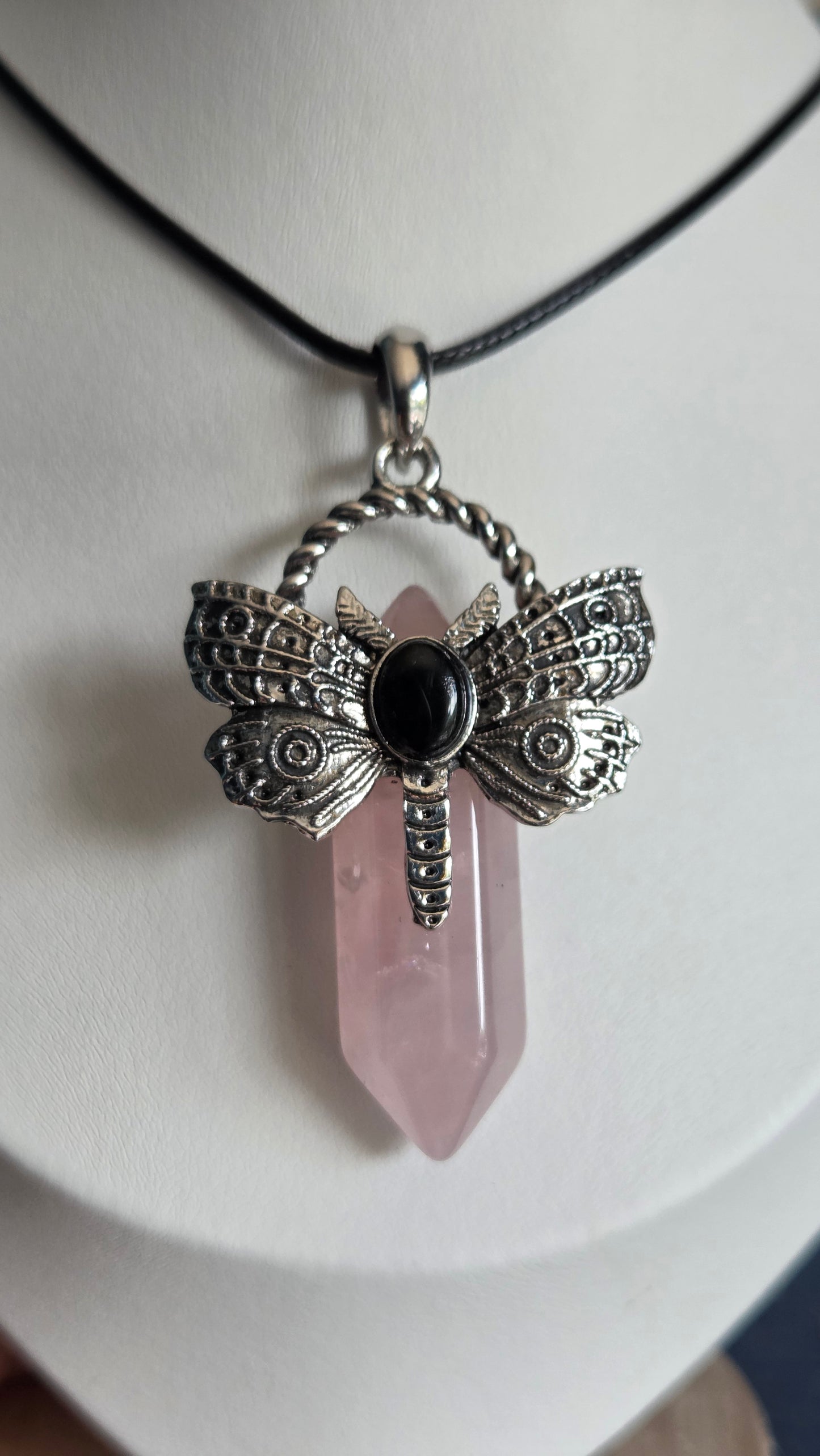 Rose Quartz Dragonfly Moth Necklace/Pendant