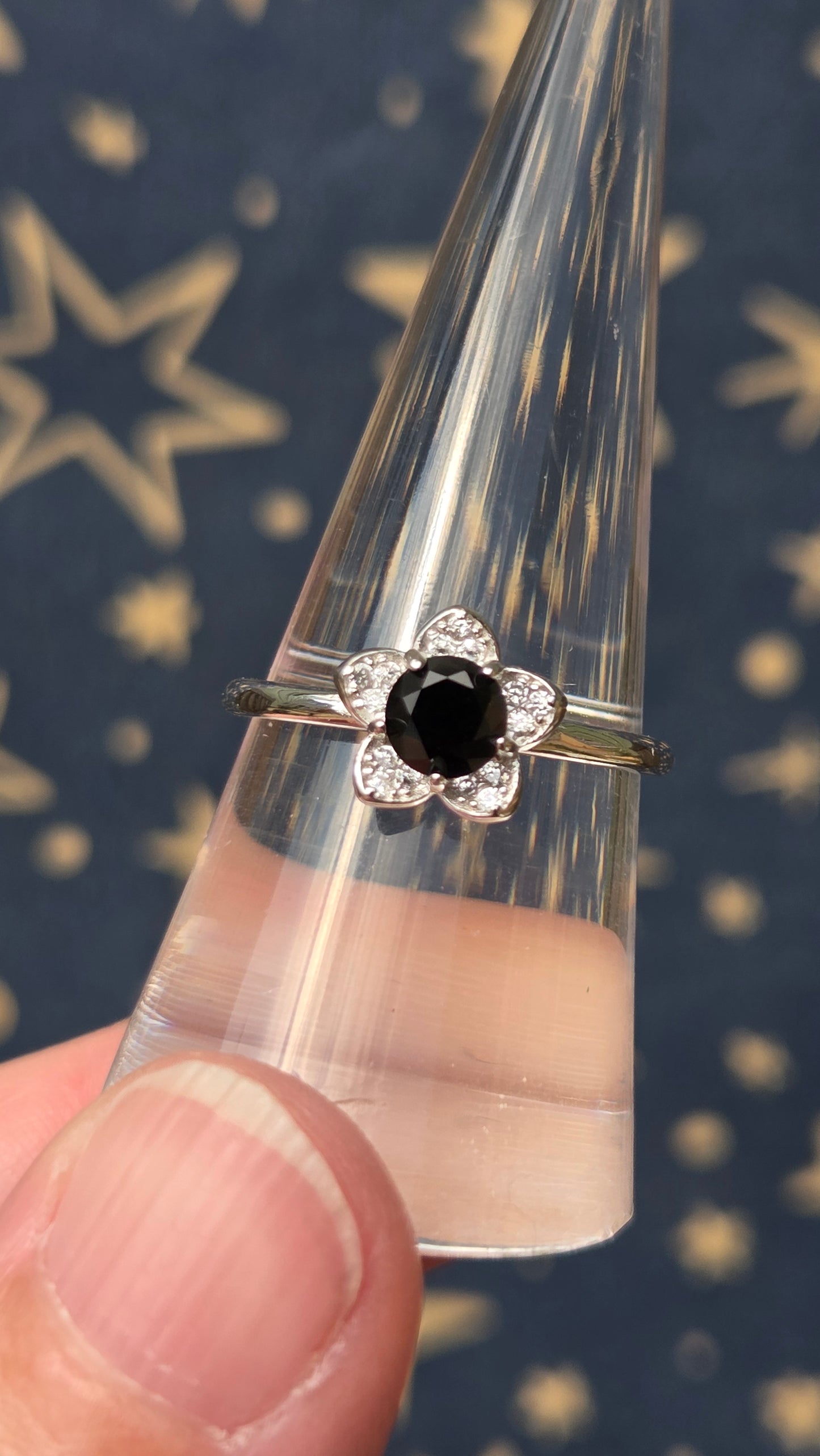 Black Spinel Flower 925 Sterling Silver Adjustable Ring