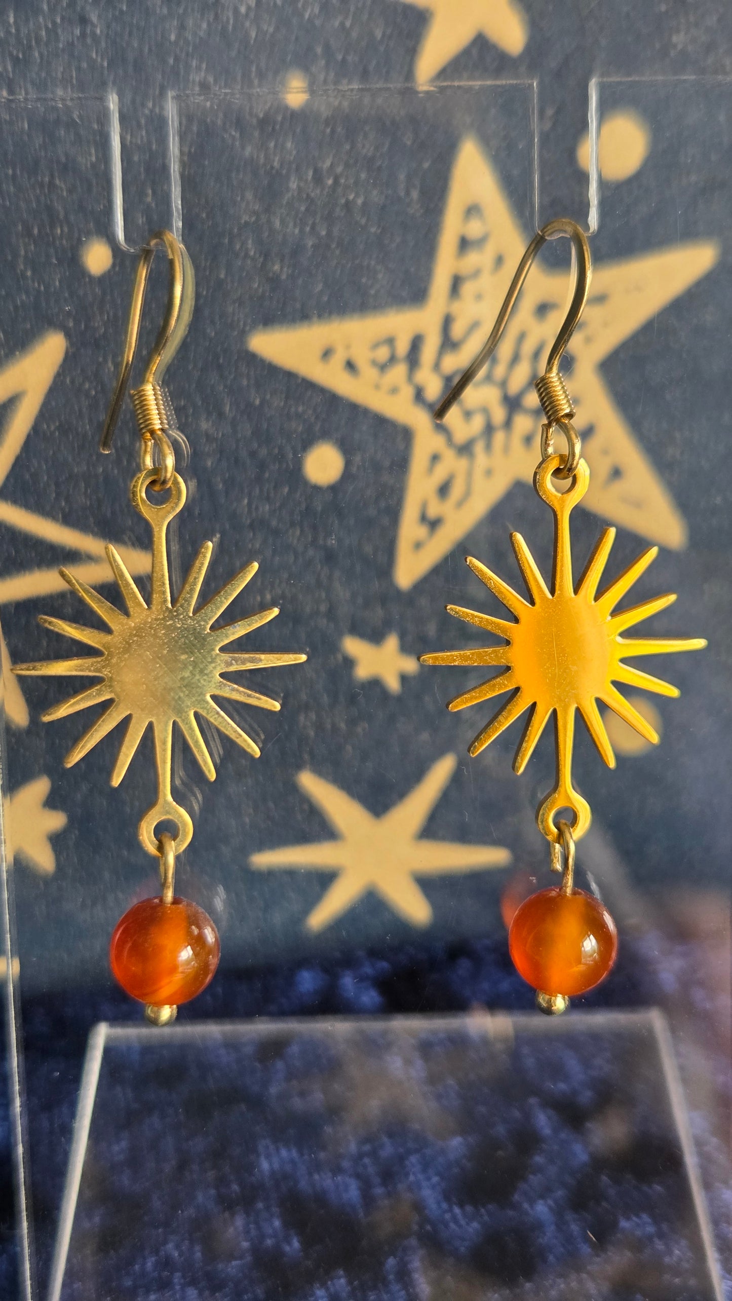 Carnelian Sun Gold Plated Stainless Steel Drop Earrings