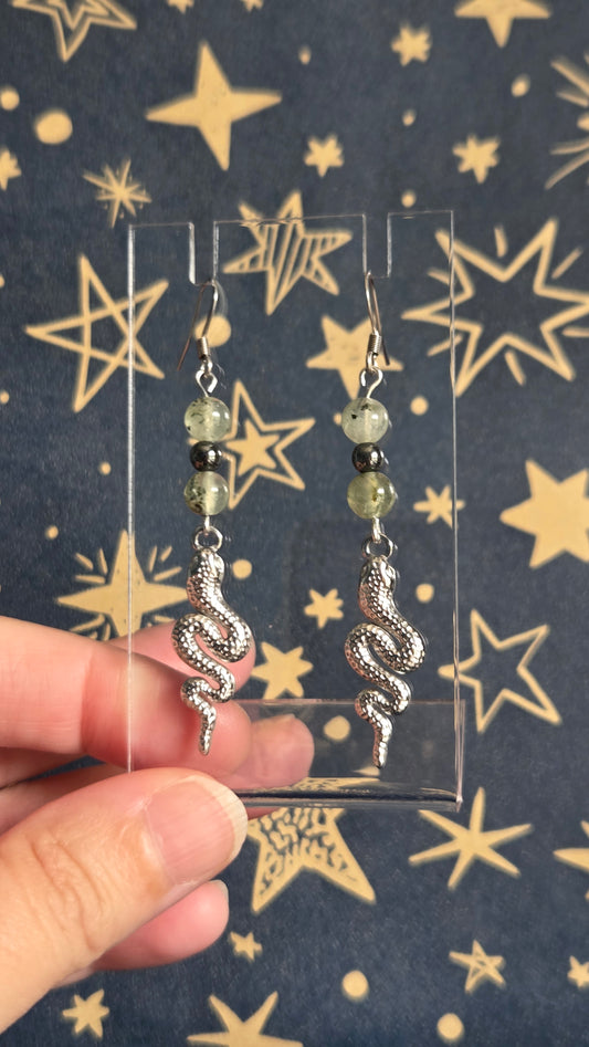 Prehnite and Hematite Snake Stainless Steel Drop Earrings