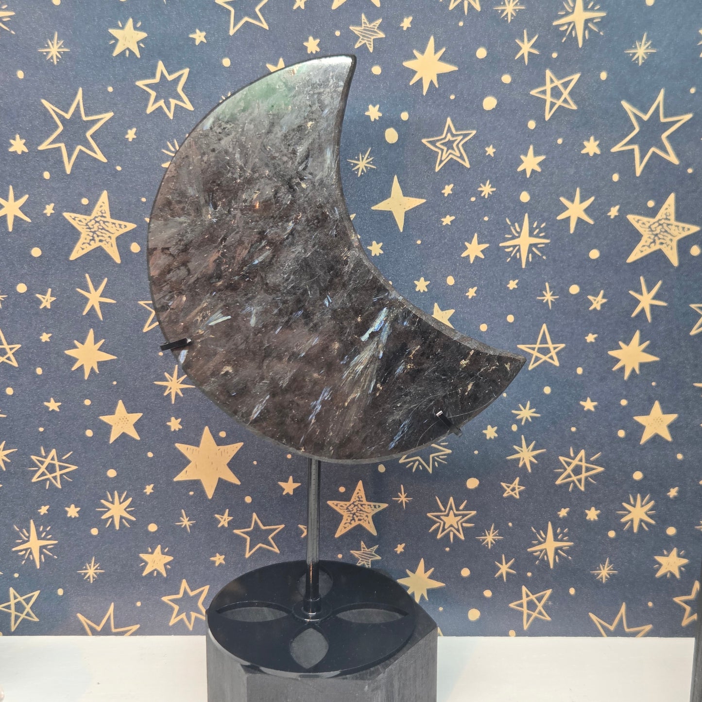 Large Flashy Astrophyllite Moon with Stand