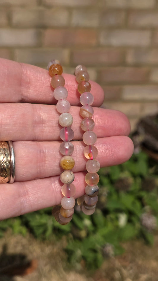 Flower Agate 6mm Crystal Beaded Bracelet x1