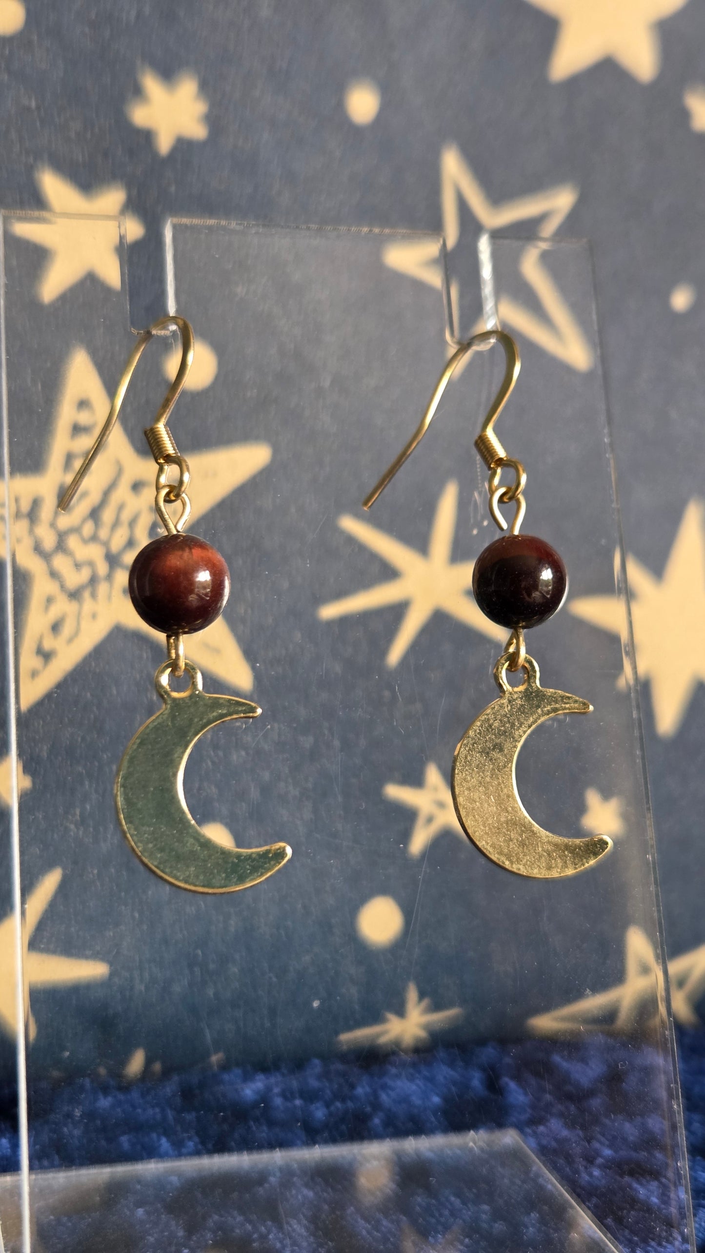 Red Tigers Eye Moon Earrings in 18k Gold Plated Stainless Steel