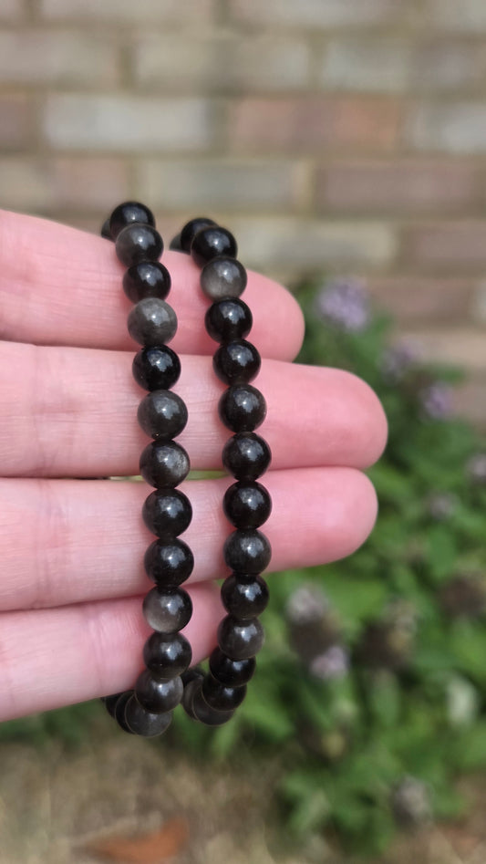 Silver Sheen Obsidian 6mm Crystal Beaded Bracelet x1