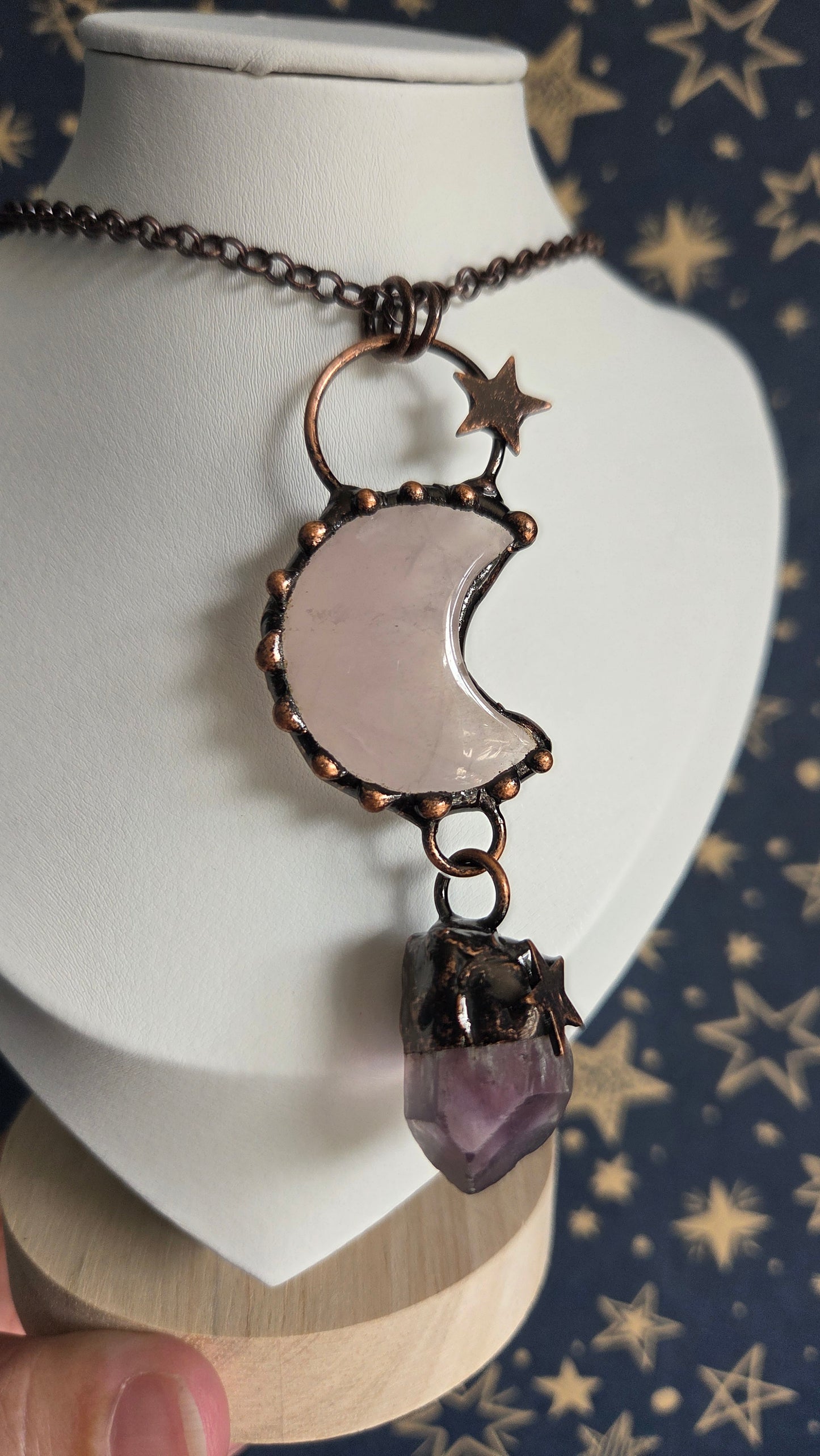 Antique Bronze Rose Quartz and Amethyst Moon Necklace/Pendant