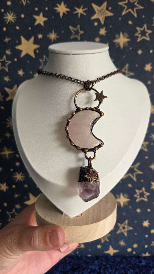 Antique Bronze Rose Quartz and Amethyst Moon Necklace/Pendant
