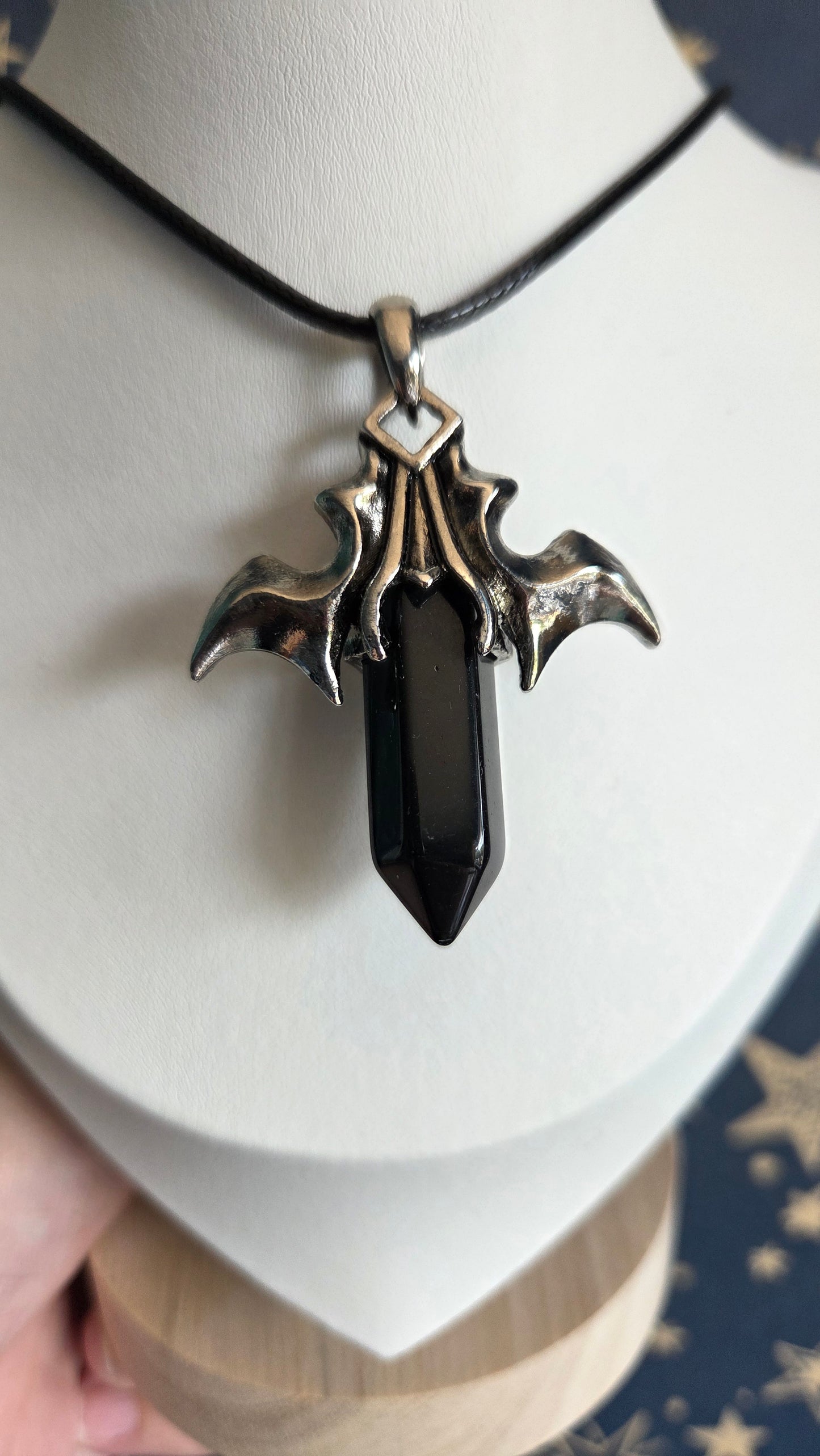 Black Obsidian Bat Point Necklace/Pendant