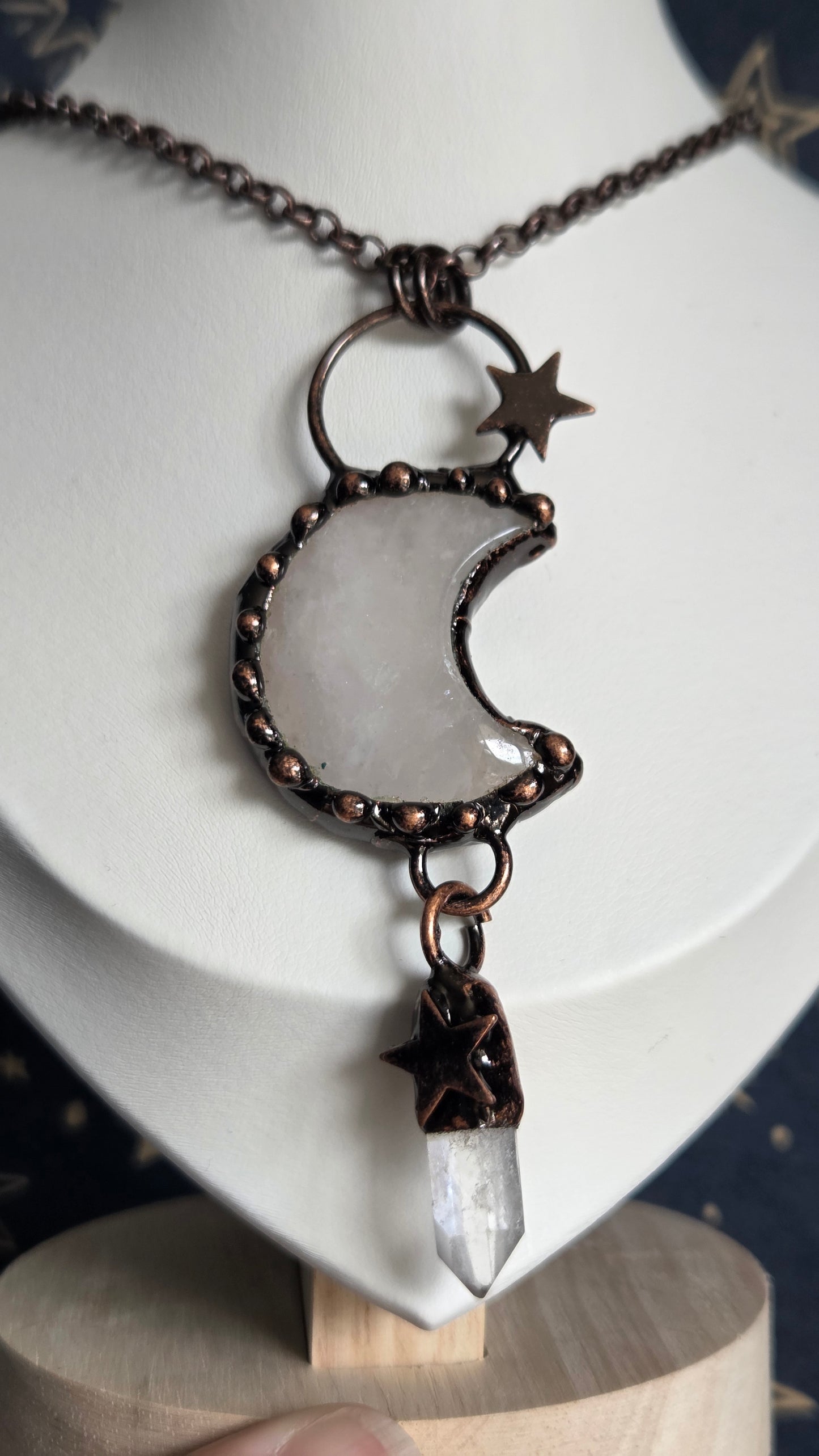 Antique Bronze Clear Quartz Moon Necklace/Pendant
