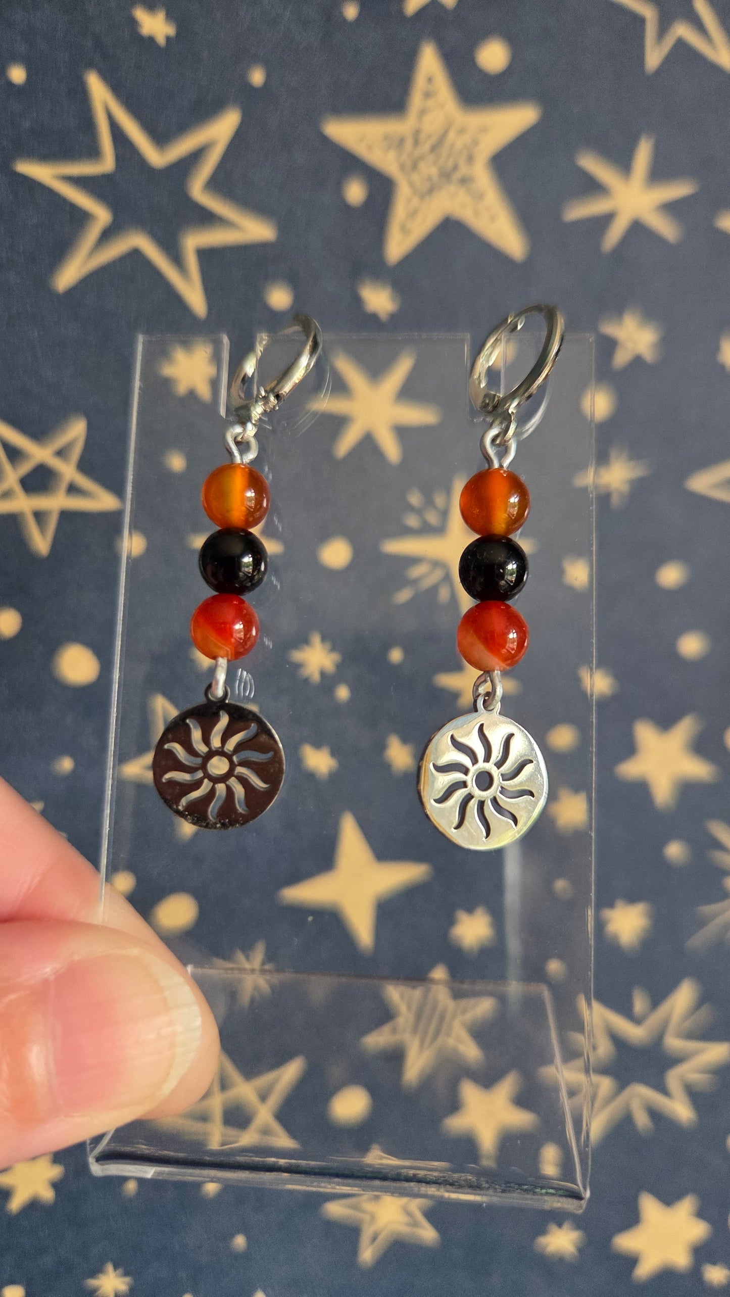 Carnelian and Black Onyx Sun Earrings with Huggie Clasps in Stainless Steel