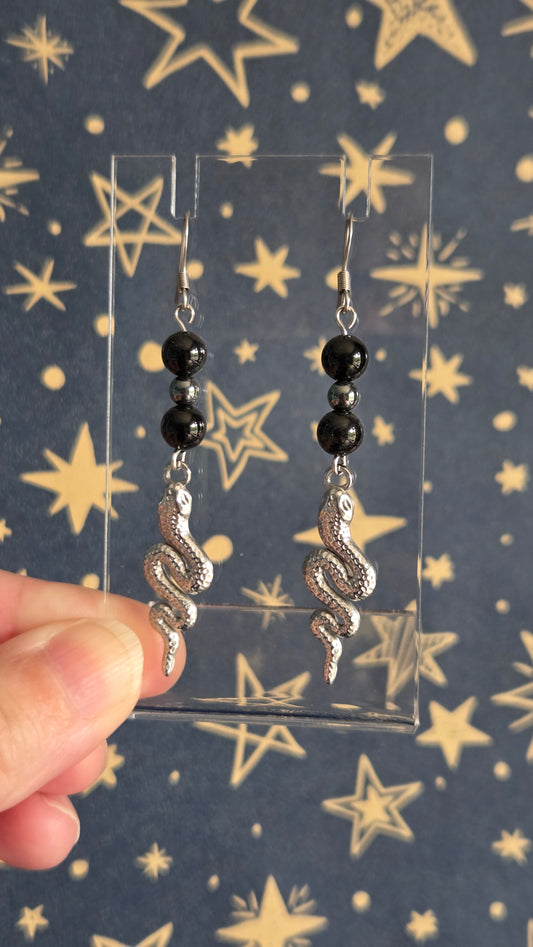 Black Onyx and Hematite Stainless Steel Drop Snake Earrings