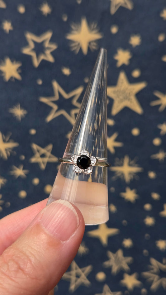 Black Spinel Flower 925 Sterling Silver Adjustable Ring