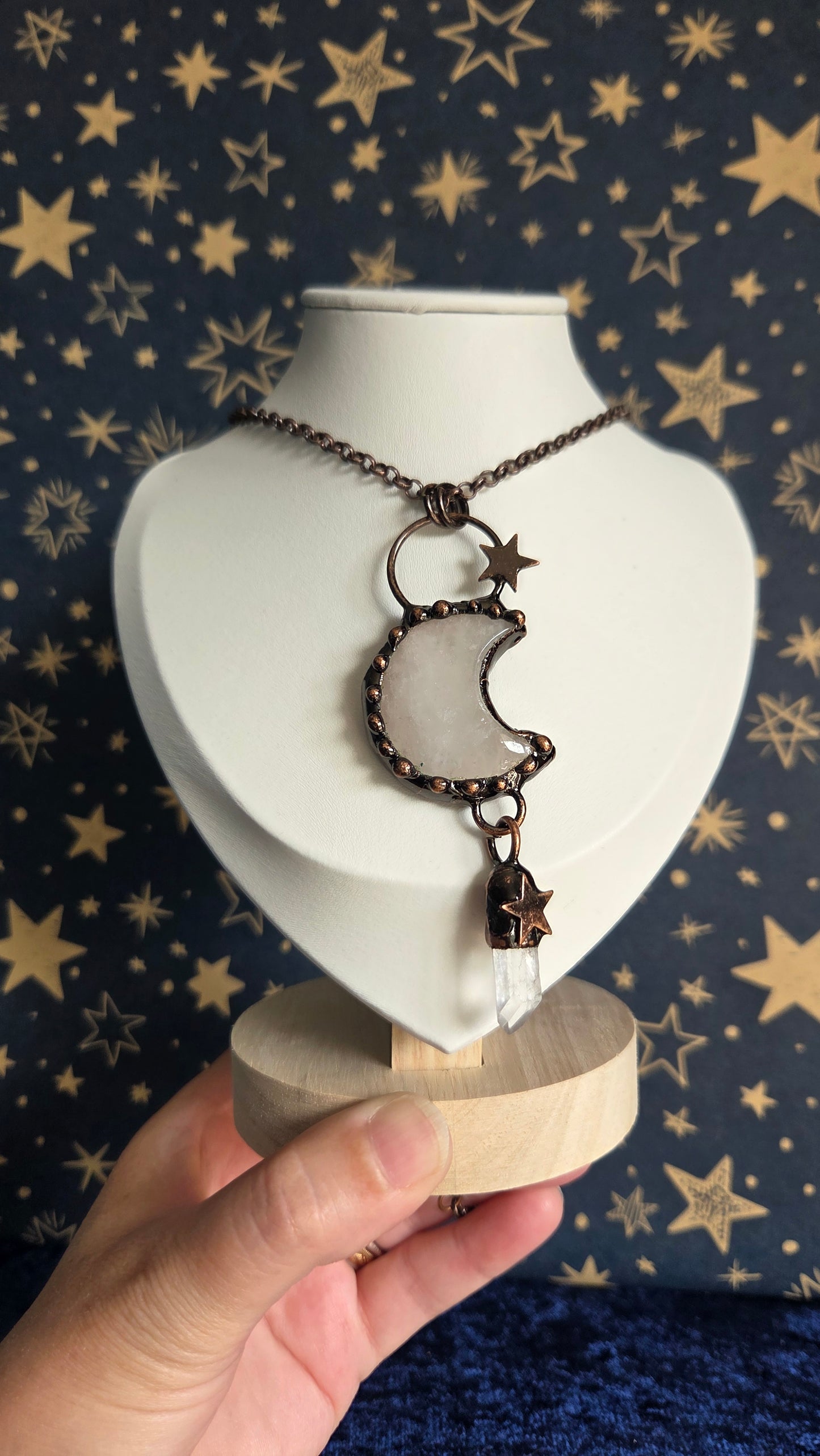 Antique Bronze Clear Quartz Moon Necklace/Pendant