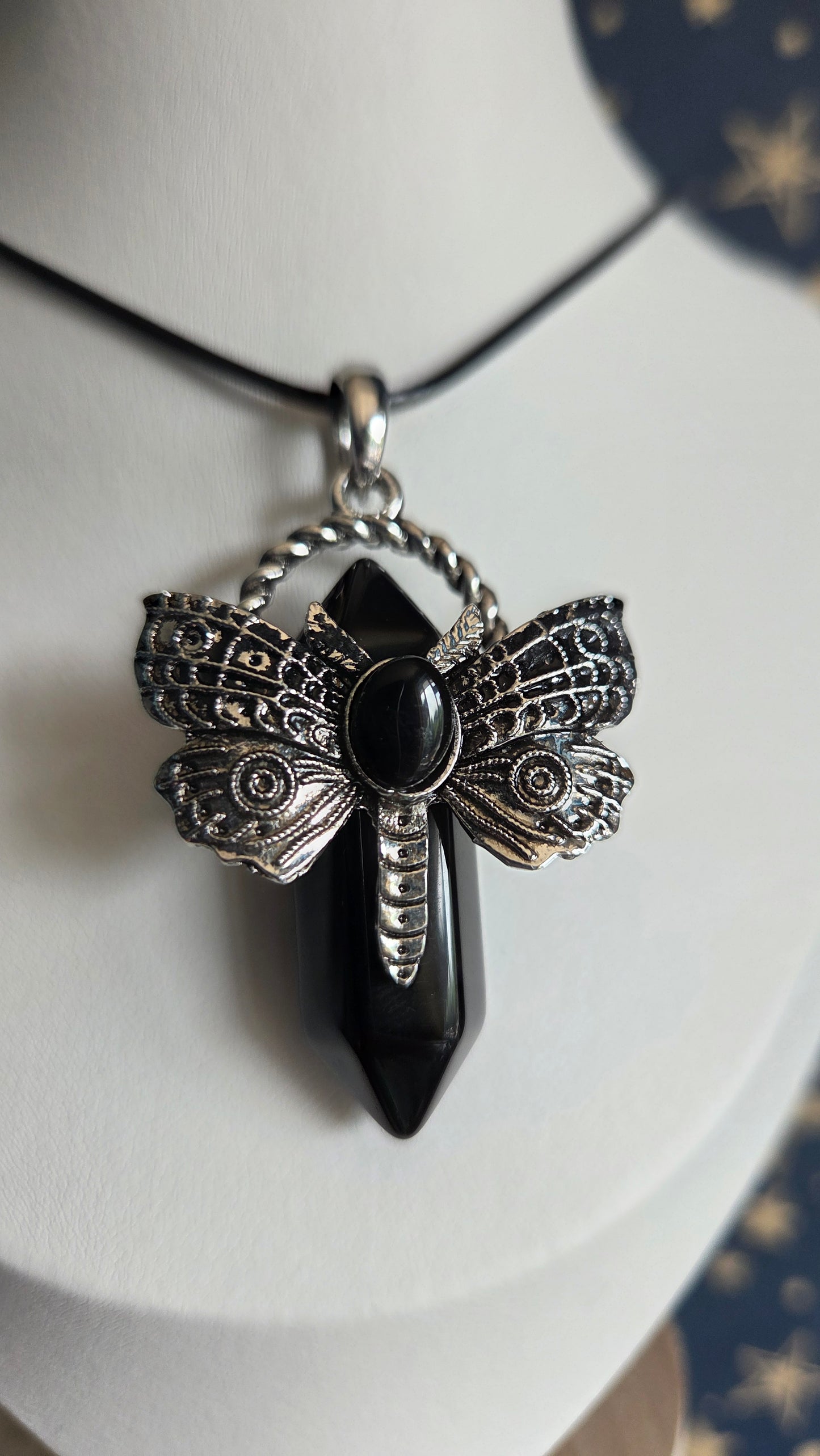 Black Obsidian Dragonfly Moth Necklace/Pendant