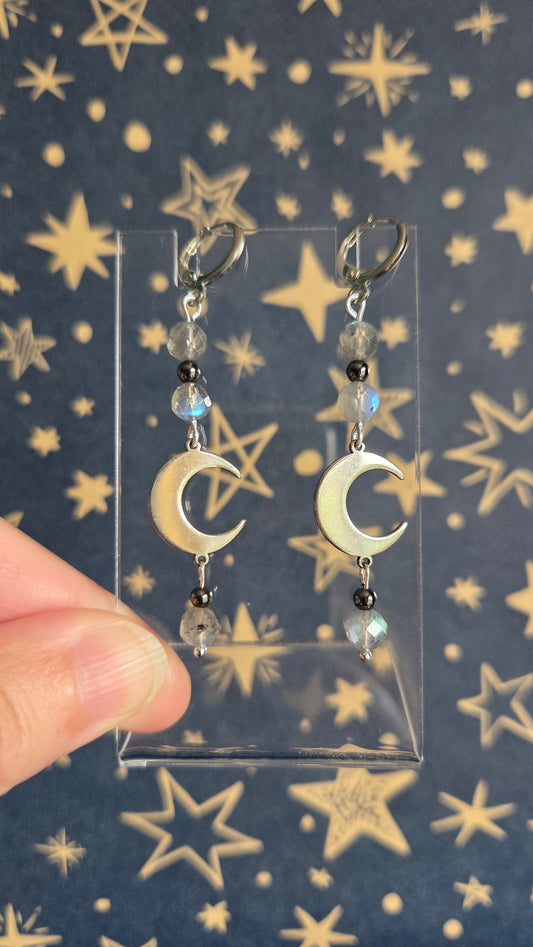 High Quality Faceted Labradorite with Hematite Moon Drop Earrings with Huggie Hoops in Stainless Steel