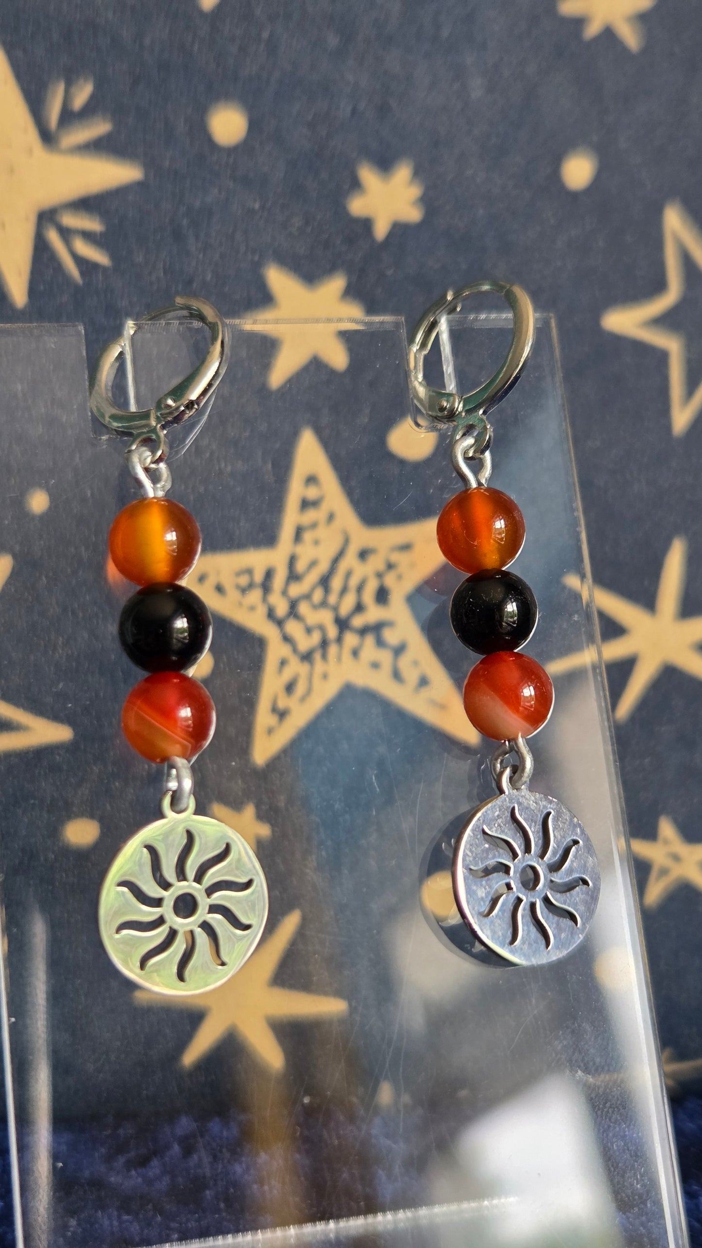 Carnelian and Black Onyx Sun Earrings with Huggie Clasps in Stainless Steel