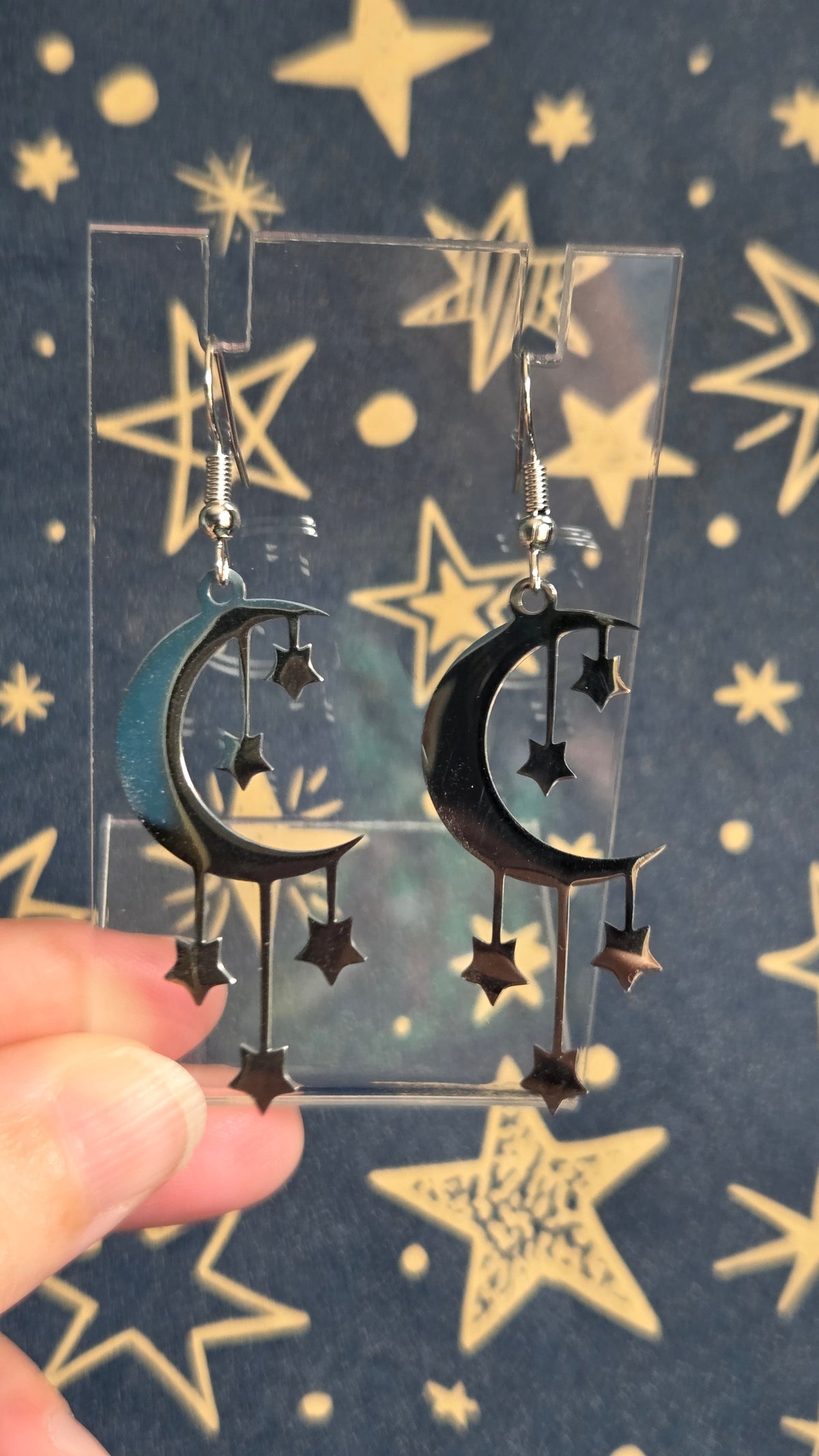 Moon Star Drop Earrings in Silver