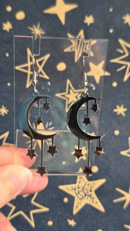 Moon Star Drop Earrings in Silver