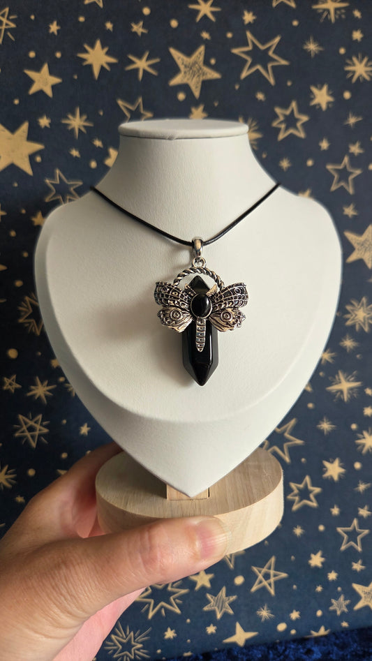 Black Obsidian Dragonfly Moth Necklace/Pendant