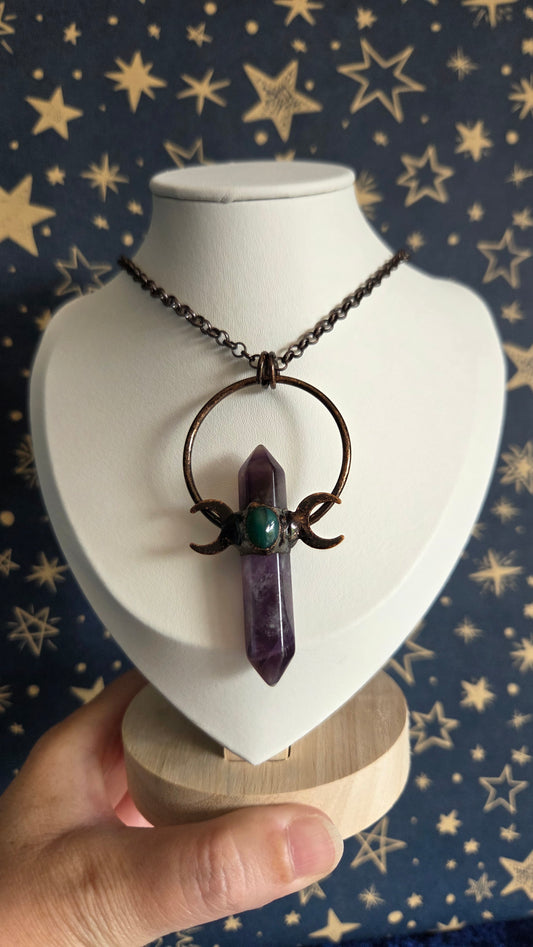 Antique Bronze Amethyst Triple Moon Goddess Necklace/Pendant