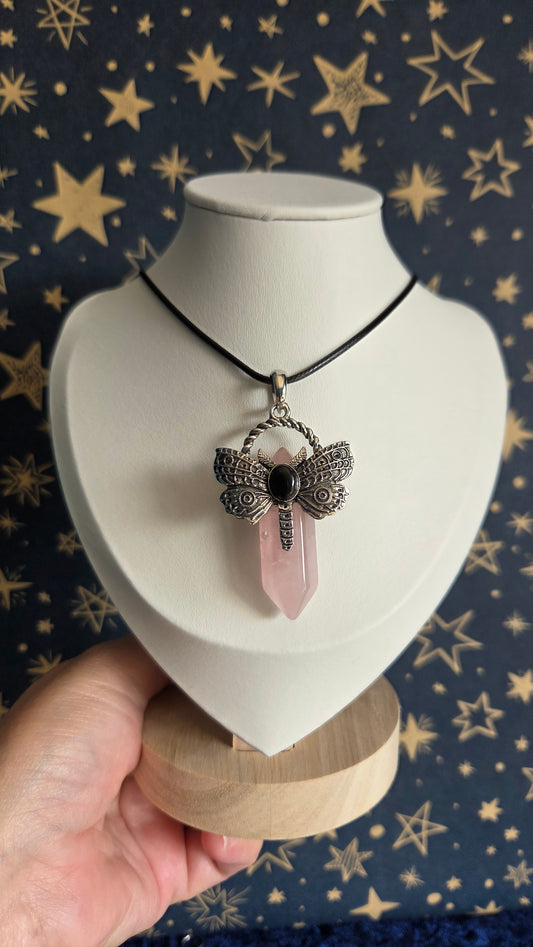 Rose Quartz Dragonfly Moth Necklace/Pendant