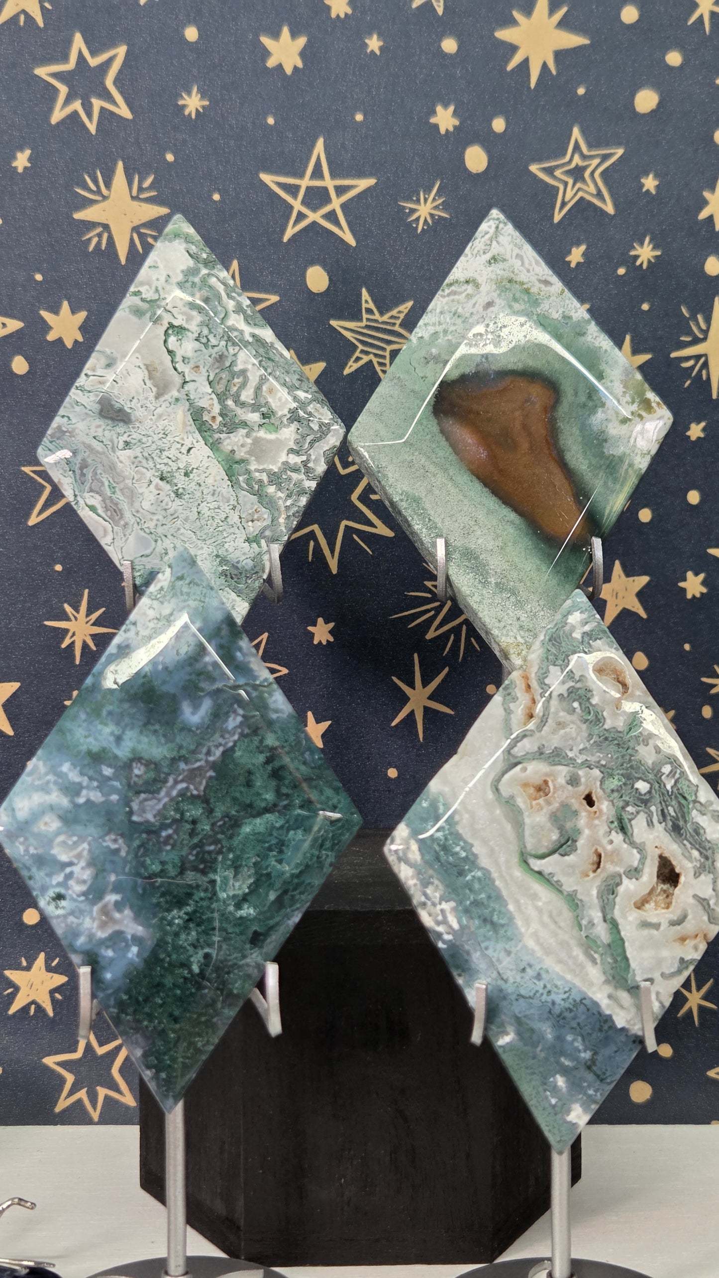 Moss Agate Diamonds on stand (Pick your own)
