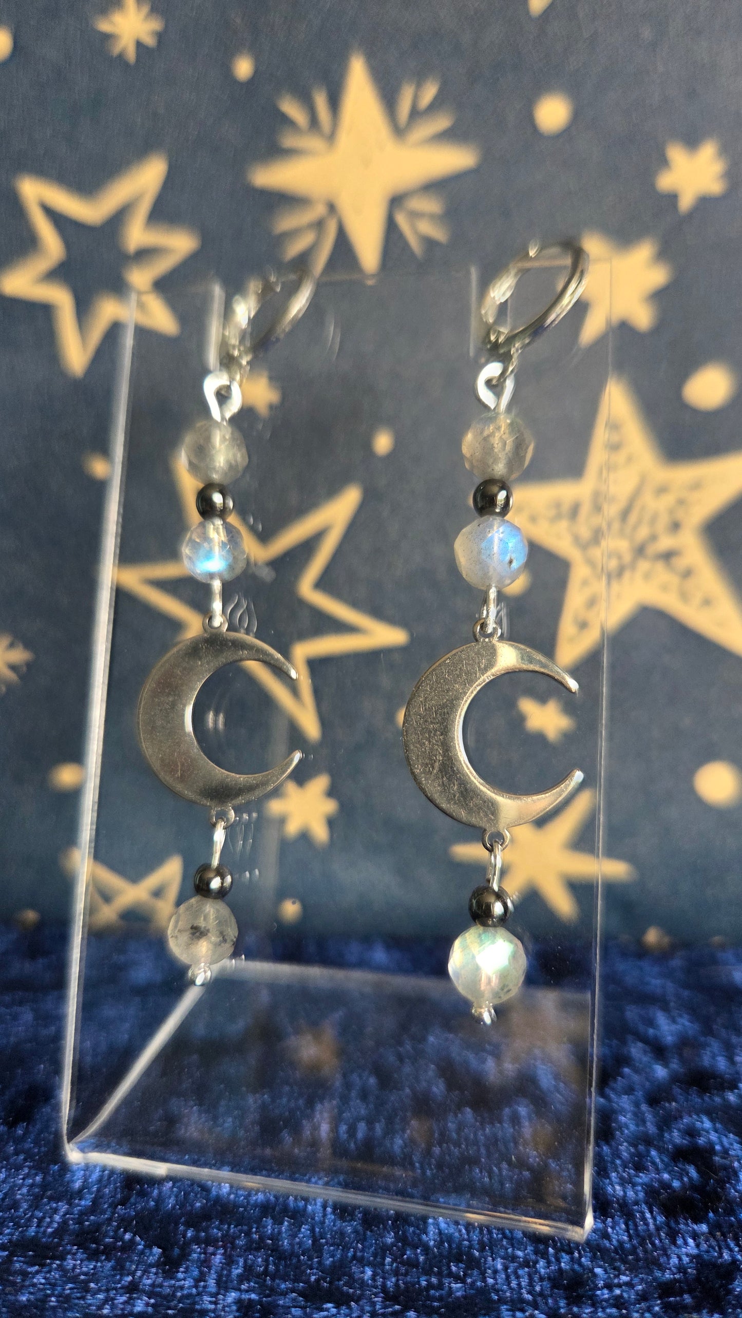 High Quality Faceted Labradorite with Hematite Moon Drop Earrings with Huggie Hoops in Stainless Steel