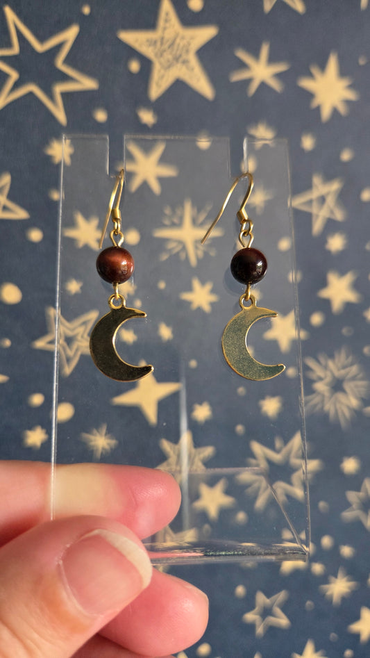 Red Tigers Eye Moon Earrings in 18k Gold Plated Stainless Steel