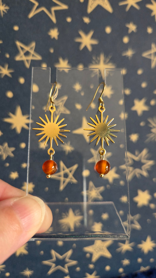 Carnelian Sun Gold Plated Stainless Steel Drop Earrings